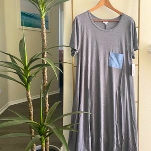 LulaRoe large Carly dresses in grey with blue pocket